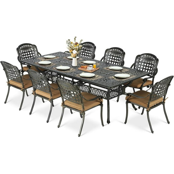 MEETWARM 9-Piece Outdoor Patio Dining Set for 8, All Weather Cast Aluminum Patio Funiture Table and Chairs Set- 94.5” Rectangular Table and 8 Cushioned Chairs for Garden, 2" Umbrella Hole, Khaki
