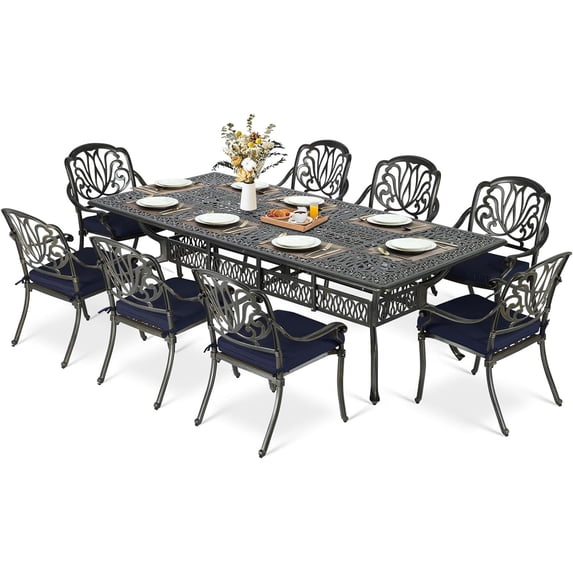 MEETWARM 9-Piece Outdoor Patio Dining Set for 8, All Weather Cast Aluminum Patio Funiture Table and Chairs Set- 94.5” Rectangular Table and 8 Cushioned Chairs for Garden, 2" Umbrella Hole, Navy Blue