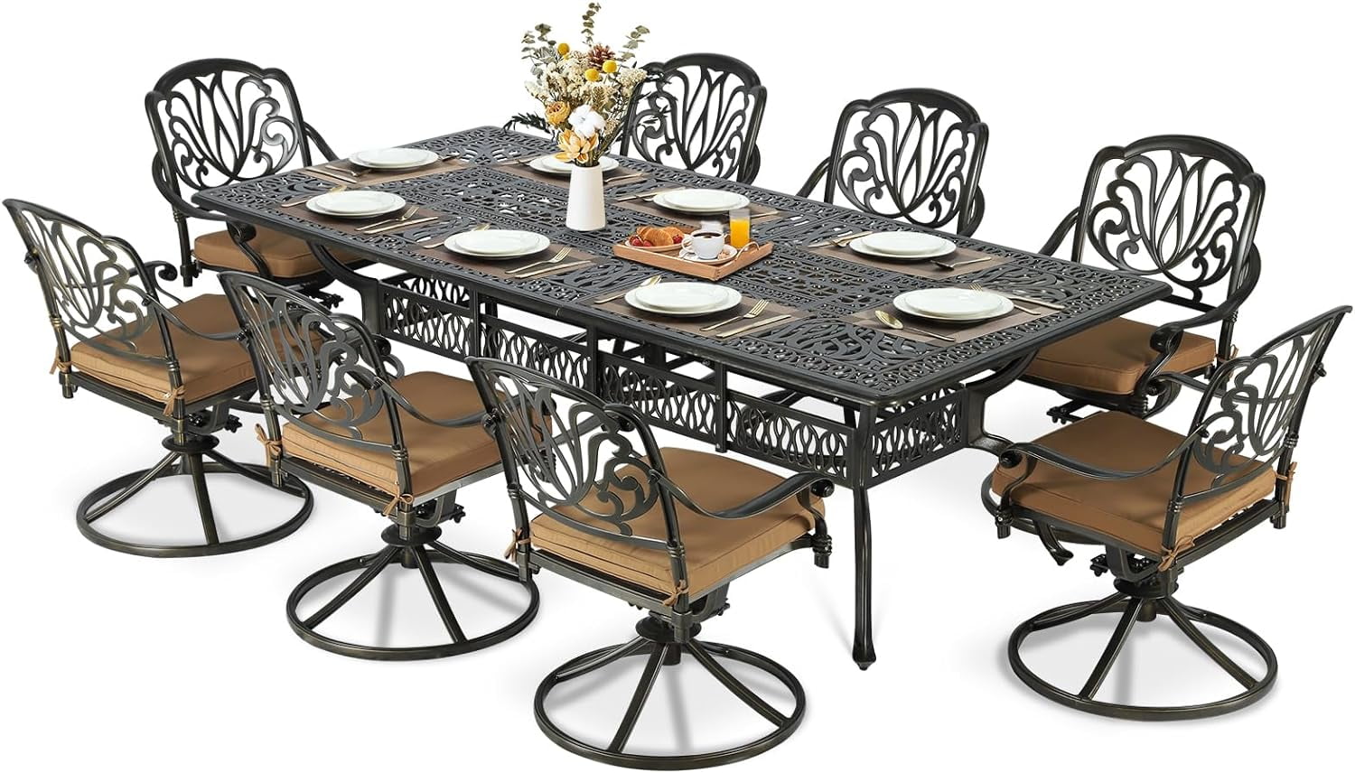 Dark Bronze 9-Piece Cast Aluminum Outdoor Dining Set with Umbrella Hole