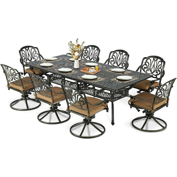 MEETWARM 9-Piece Outdoor Patio Dining Set for 8, All Weather Cast Aluminum Patio Funiture Table and Chairs Set- 94.5” Rectangular Table and 8 Cushioned Swivel Rocker Chairs, 2" Umbrella Hole, Khaki