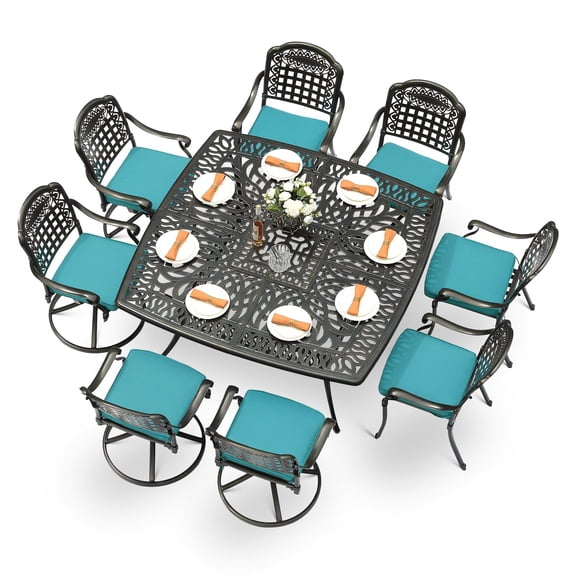 MEETWARM 9-Piece Outdoor Patio Dining Set for 8, All Weather Cast Aluminum Patio Funiture Table and Chairs Set- Large 64" Square Table and 4 Swivel Rocker Chairs, 4 Stationary for Garden, Ocean Blue