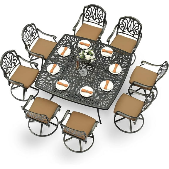 MEETWARM 9-Piece Outdoor Patio Dining Set for 8, All Weather Cast Aluminum Patio Funiture Table and Chairs Set- Large 64" Square Table and 8 Cushioned Swivel Rocker Chairs, 2.2" Umbrella Hole, Red