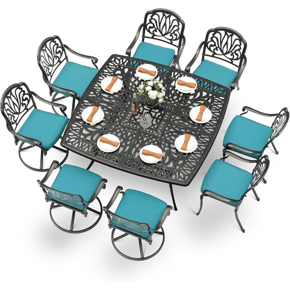 MEETWARM 9-Piece Outdoor Patio Dining Set for 8, All Weather Cast Aluminum Patio Funiture Table and Chairs Set- Large 64" Square Table, 4 Swivel Rocker Chairs, 4 Stationary, Umbrella Hole, Ocean Blue
