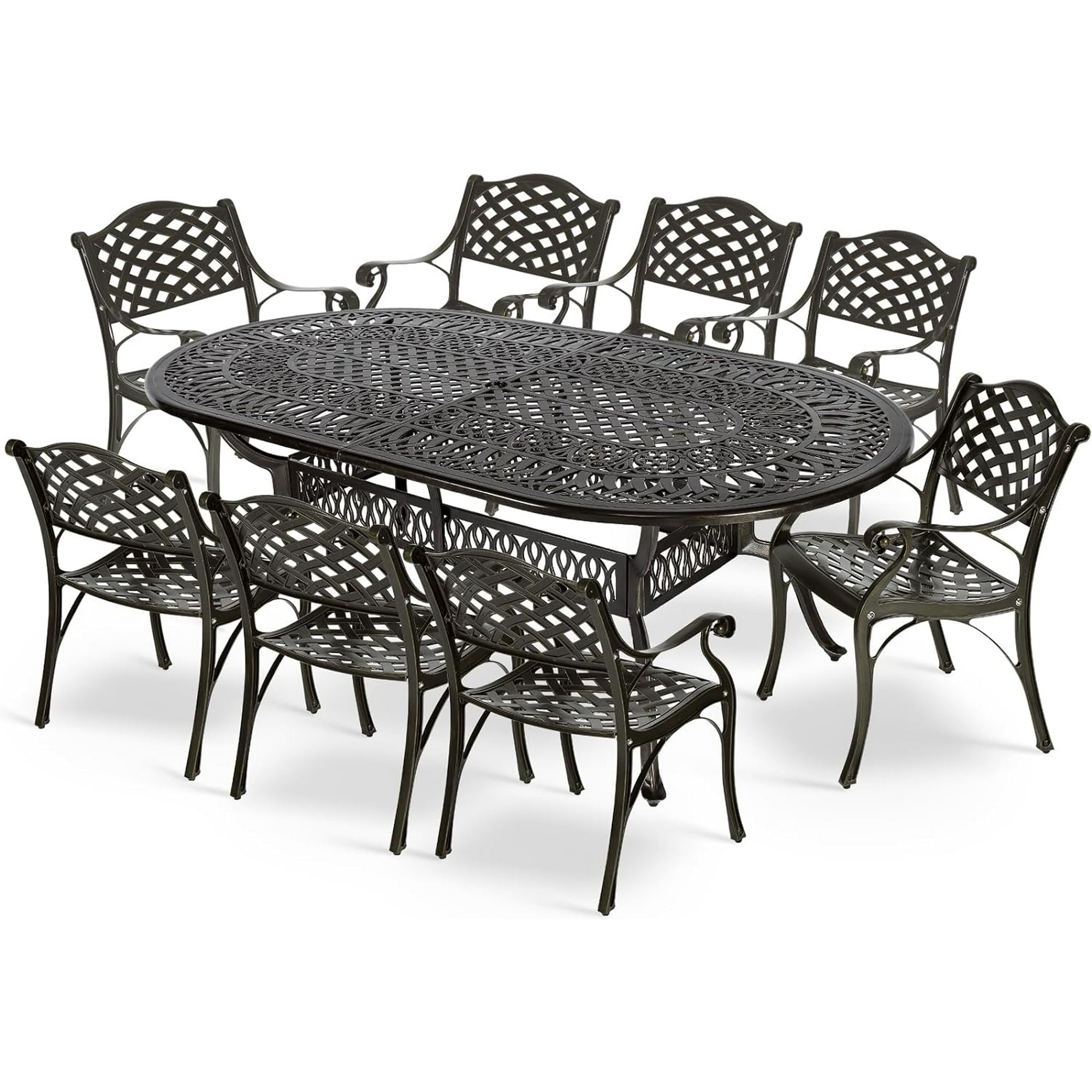 Dark Bronze 9-Piece Cast Aluminum Outdoor Dining Set with Umbrella Hole