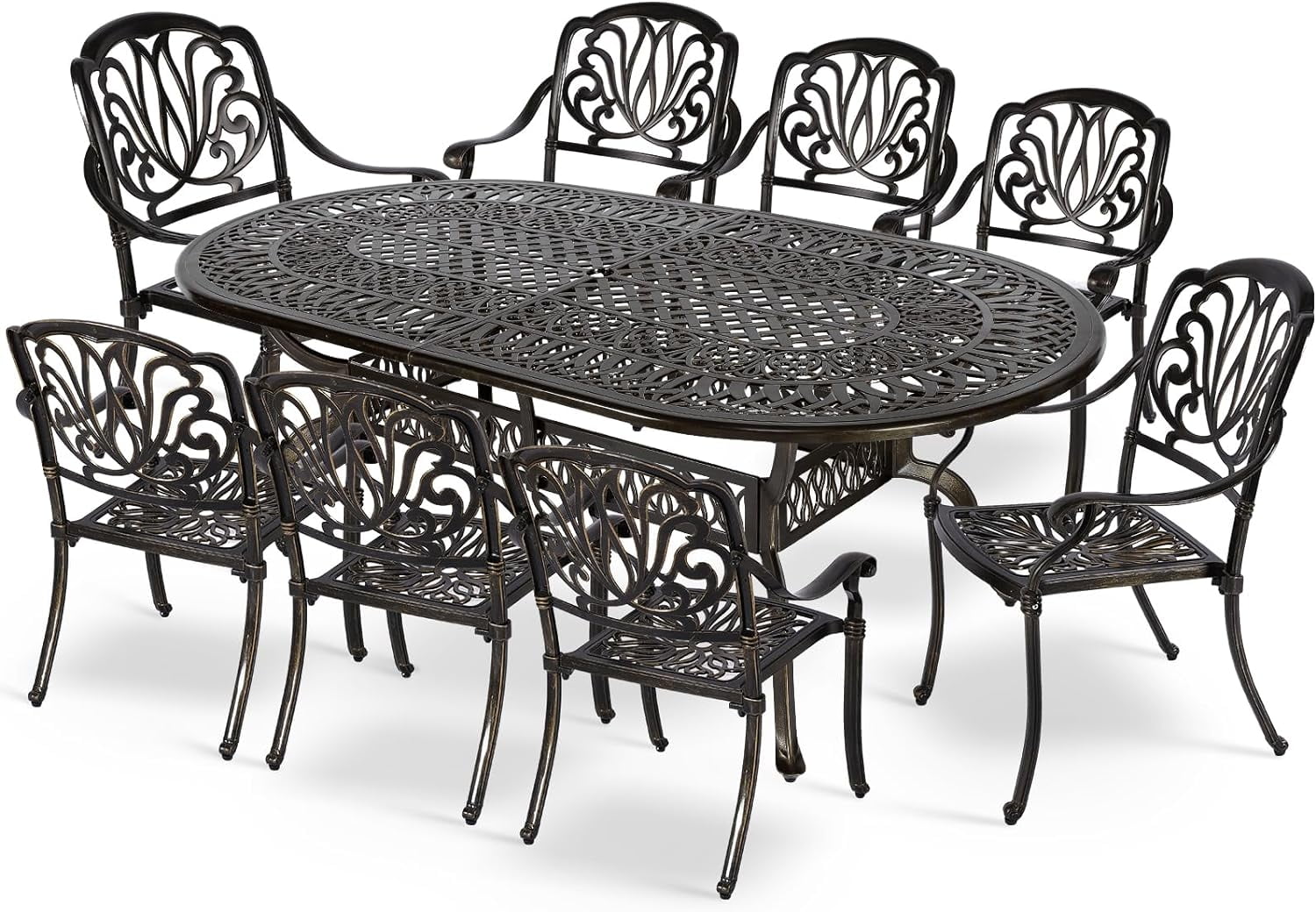 Dark Bronze 9-Piece Cast Aluminum Outdoor Dining Set with Umbrella Hole