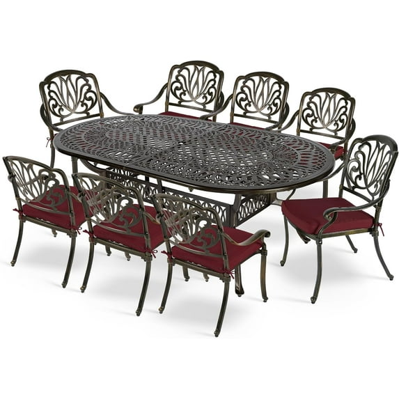 MEETWARM 9-Piece Outdoor Patio Dining Set, 8 Outdoor Dining Cushioned Chairs and 1 Oval Table with 2.2" Umbrella Hole, All Weather Cast Aluminum Patio Funiture Set for Backyard, Patio, Chili Red