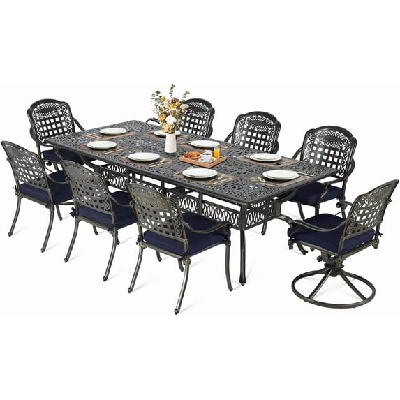 MEETWARM 9-Piece Outdoor Patio Dining Set for 8, All Weather Cast Aluminum Patio Funiture Table and Chairs Set- 94.5” Rectangular Table and 2 Swivel Rocker Chairs, 6 Stationary for Garden, Navy Blue