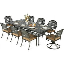 MEETWARM 9-Piece Outdoor Patio Dining Set for 8, All Weather Cast Aluminum Patio Funiture Table and Chairs Set- 94.5” Rectangular Table and 2 Swivel Rocker Chairs, 6 Stationary for Garden, Khaki