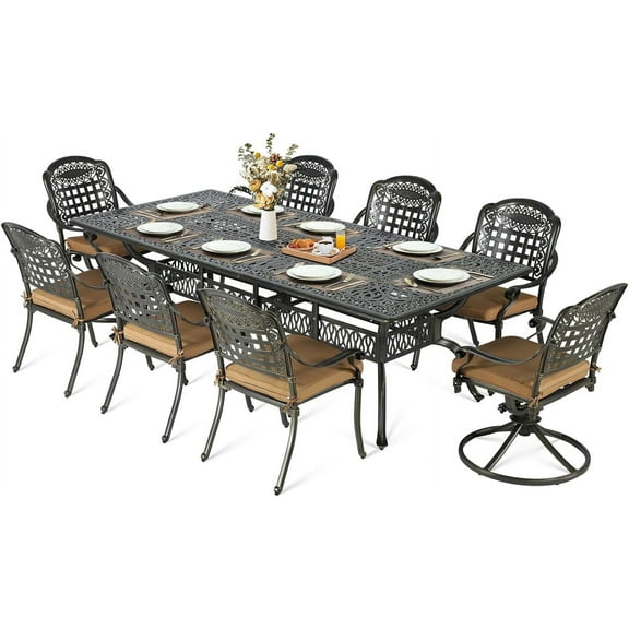 MEETWARM 9-Piece Outdoor Patio Dining Set for 8, All Weather Cast Aluminum Patio Funiture Table and Chairs Set- 94.5” Rectangular Table and 2 Swivel Rocker Chairs, 6 Stationary for Garden, Khaki