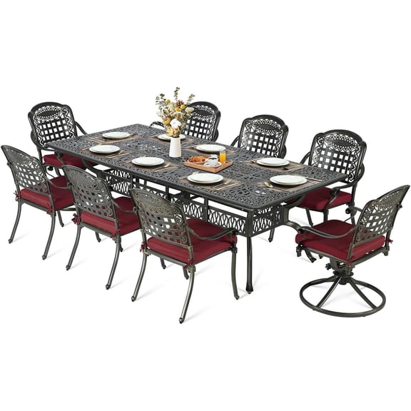 MEETWARM 9-Piece Outdoor Patio Dining Set for 8, All Weather Cast Aluminum Patio Funiture Table and Chairs Set- 94.5” Rectangular Table and 2 Swivel Rocker Chairs, 6 Stationary for Garden, Chili Red