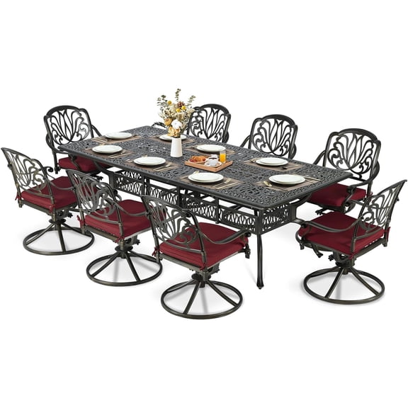MEETWARM 9-Piece Outdoor Patio Dining Set for 8, All Weather Cast Aluminum Patio Funiture Table and Chairs Set- 94.5” Rectangular Table and 8 Cushioned Swivel Rocker Chairs, Umbrella Hole, Chili Red
