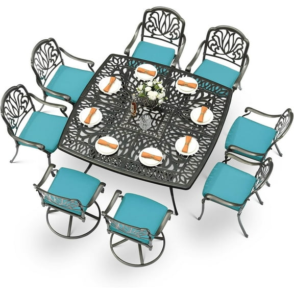 MEETWARM 9-Piece Outdoor Patio Dining Set for 8, All Weather Cast Aluminum Patio Funiture Table and Chairs Set- Large 64" Square Table, 2 Swivel Rocker Chairs, 6 Stationary, Umbrella Hole, Ocean Blue