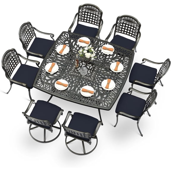 MEETWARM 9-Piece Outdoor Patio Dining Set for 8, All Weather Cast Aluminum Patio Funiture Table and Chairs Set- Large 64" Square Table and 2 Swivel Rocker Chairs, 6 Stationary for Garden, Navy Blue