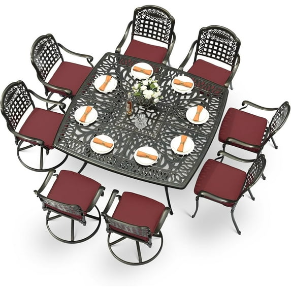 MEETWARM 9-Piece Outdoor Patio Dining Set for 8, All Weather Cast Aluminum Patio Funiture Table and Chairs Set- Large 64" Square Table and 4 Swivel Rocker Chairs, 4 Stationary for Garden, Red