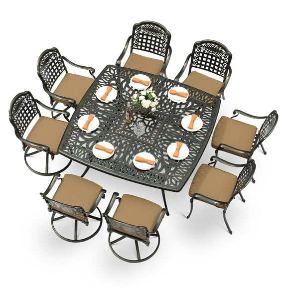 MEETWARM 9-Piece Outdoor Patio Dining Set for 8, All Weather Cast Aluminum Patio Funiture Table and Chairs Set- Large 64" Square Table and 4 Swivel Rocker Chairs, 4 Stationary for Garden, Khaki