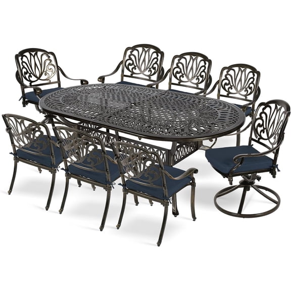 MEETWARM 9-Piece Outdoor Patio Dining Set, All-Weather Cast Aluminum Patio Conversation Set with 2 Swivel Rocker Chairs, 6 Stationary, 1 Oval Table, 8 Cushions, 2.2" Umbrella Hole, Navy Blue