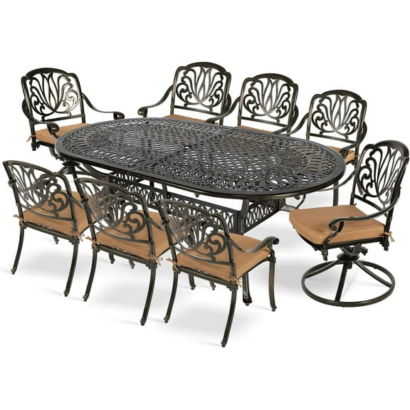 MEETWARM 9-Piece Outdoor Patio Dining Set, All-Weather Cast Aluminum Patio Conversation Set with 2 Swivel Rocker Chairs, 6 Stationary, 1 Oval Table, 8 Cushions, 2.2" Umbrella Hole