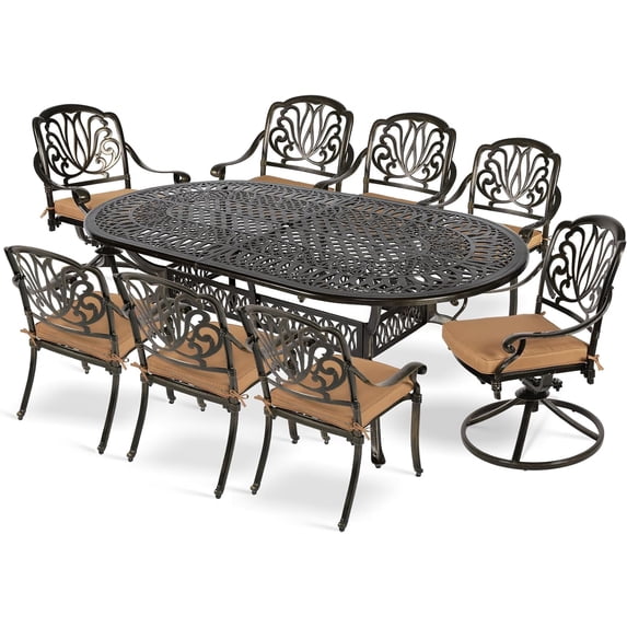 MEETWARM 9-Piece Outdoor Patio Dining Set, All-Weather Cast Aluminum Patio Conversation Set with 2 Swivel Rocker Chairs, 6 Stationary, 1 Oval Table, 8 Cushions, 2.2" Umbrella Hole