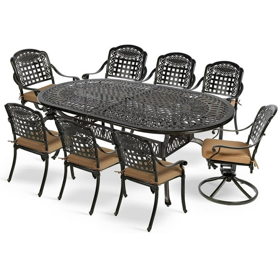 MEETWARM 9-Piece Outdoor Patio Dining Set, All-Weather Cast Aluminum Patio Conversation Set with 6 Stationary, 2 Swivel Rocker Chairs, 1 Oval Table, 8 Cushions, 2.2" Umbrella Hole