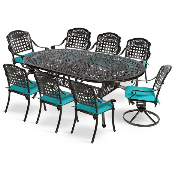 MEETWARM 9-Piece Outdoor Patio Dining Set, All-Weather Cast Aluminum Patio Conversation Set with 6 Stationary, 2 Swivel Rocker Chairs, 1 Oval Table, 8 Cushions, 2.2" Umbrella Hole, Ocean Blue