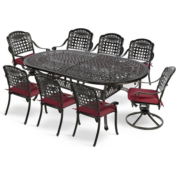 MEETWARM 9-Piece Outdoor Patio Dining Set, All-Weather Cast Aluminum Patio Conversation Set with 6 Stationary, 2 Swivel Rocker Chairs, 1 Oval Table, 8 Cushions, 2.2" Umbrella Hole, Chili Red