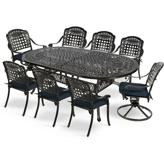 MEETWARM 9-Piece Outdoor Patio Dining Set, All-Weather Cast Aluminum Patio Conversation Set with 6 Stationary, 2 Swivel Rocker Chairs, 1 Oval Table, 8 Cushions, 2.2" Umbrella Hole, Navy Blue