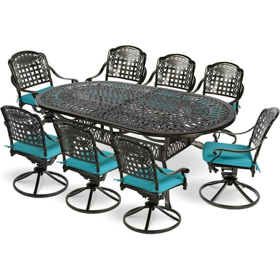 MEETWARM 9-Piece Outdoor Patio Dining Set, All-Weather Cast Aluminum Patio Conversation Set with 8 Cushioned Swivel Rocker Chairs for Backyard Garden Deck, 1 Oval Table, 2.2" Umbrella Hole, Ocean Blue