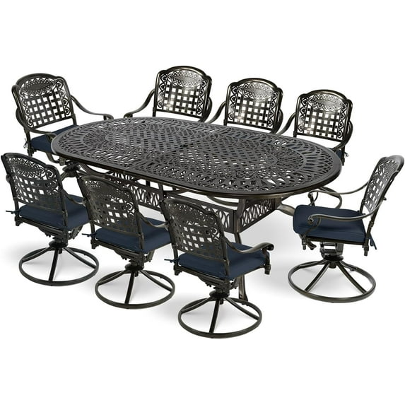 MEETWARM 9-Piece Outdoor Patio Dining Set, All-Weather Cast Aluminum Patio Conversation Set with 8 Cushioned Swivel Rocker Chairs for Backyard Garden Deck, 1 Oval Table, 2.2" Umbrella Hole, Navy Blue