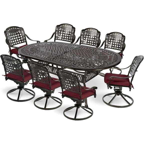 MEETWARM 9-Piece Outdoor Patio Dining Set, All-Weather Cast Aluminum Patio Conversation Set with 8 Cushioned Swivel Rocker Chairs for Backyard Garden Deck, 1 Oval Table, 2.2" Umbrella Hole, Chili Red