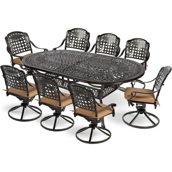 MEETWARM 9-Piece Outdoor Patio Dining Set, All-Weather Cast Aluminum Patio Conversation Set with 8 Cushioned Swivel Rocker Chairs for Backyard Garden Deck, 1 Oval Table, 2.2" Umbrella Hole