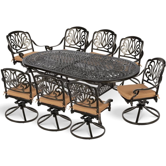 MEETWARM 9-Piece Outdoor Patio Dining Set, All-Weather Cast Aluminum Patio Conversation Set for Backyard Garden Deck with 8 Cushioned Swivel Rocker Chairs, 1 Oval Table, 2.2" Umbrella Hole