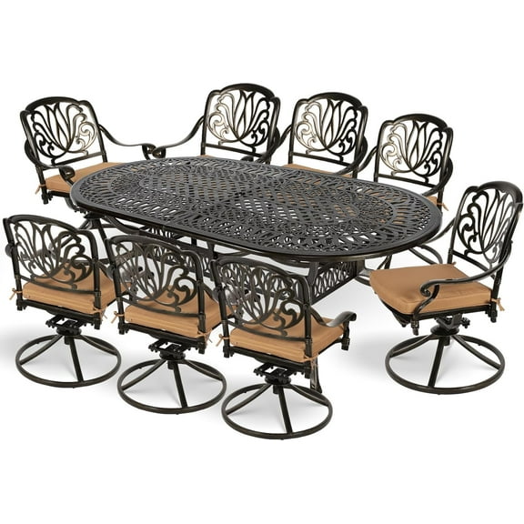 MEETWARM 9-Piece Outdoor Patio Dining Set, All-Weather Cast Aluminum Patio Conversation Set for Backyard Garden Deck with 8 Cushioned Swivel Rocker Chairs, 1 Oval Table, 2.2" Umbrella Hole