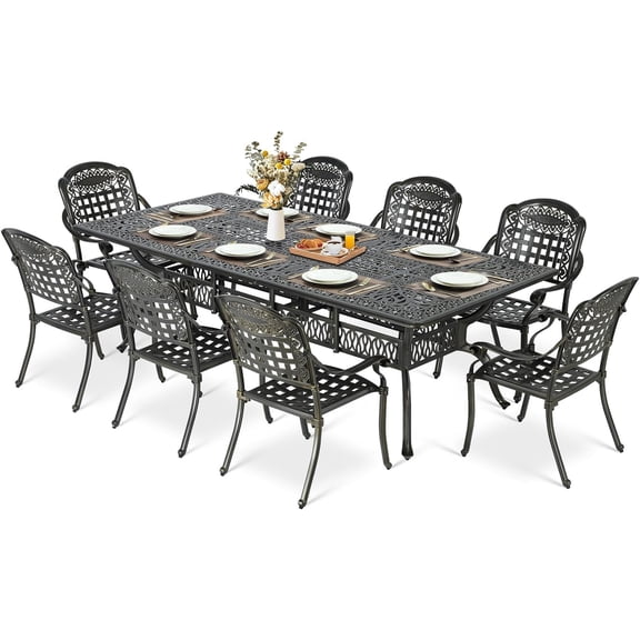 MEETWARM 9-Piece Outdoor Patio Dining Set, All Weather Cast Aluminum Patio Funiture Set for 8-94.5” Rectangular Table with 2" Umbrella Hole and 8 Chairs, Patio Table and Chairs Set, Dark Bronze
