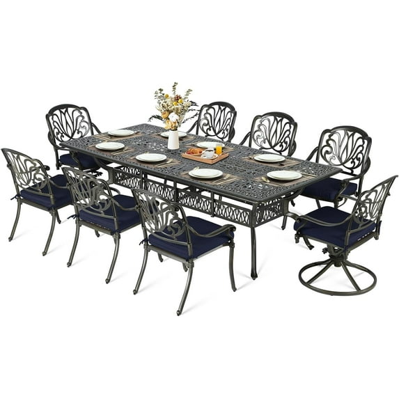 MEETWARM 9-Piece Outdoor Patio Dining Set, All Weather Cast Aluminum Patio Funiture Table and Chairs Set- 94.5” Rectangular Table and 2 Swivel Rocker Chairs, 6 Stationary, Umbrella Hole, Navy Blue