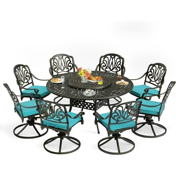 MEETWARM 9-Piece Outdoor Patio Dining Set, All-Weather Cast Aluminum Patio Conversation Set- 8 Cushioned Swivel Rocker, 61" Round Patio Dining Table w/Detachable Lazy Susan/Umbrella Hole, Ocean Blue