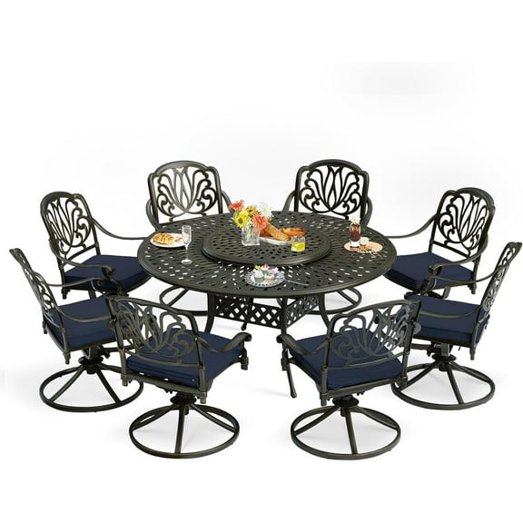 MEETWARM 9-Piece Outdoor Patio Dining Set, All-Weather Cast Aluminum Patio Conversation Set- 8 Cushioned Swivel Rocker, 61" Round Patio Dining Table w/Detachable Lazy Susan/Umbrella Hole, Navy Blue