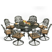 MEETWARM 9-Piece Outdoor Patio Dining Set, All-Weather Cast Aluminum Patio Conversation Set- 8 Cushioned Swivel Rocker, 61" Round Patio Dining Table w/Detachable Lazy Susan/Umbrella Hole, Dark Bronze