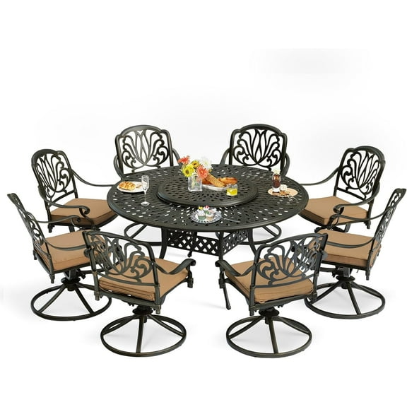 MEETWARM 9-Piece Outdoor Patio Dining Set, All-Weather Cast Aluminum Patio Conversation Set- 8 Cushioned Swivel Rocker, 61" Round Patio Dining Table w/Detachable Lazy Susan/Umbrella Hole, Dark Bronze