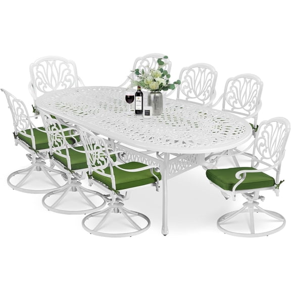 MEETWARM 9-Piece Outdoor Patio Dining Set, All-Weather Cast Aluminum Patio Conversation Set for Backyard Garden Deck with 8 Cushioned Swivel Rocker Chairs, 1 Oval Table, 2.2" Umbrella Hole, White