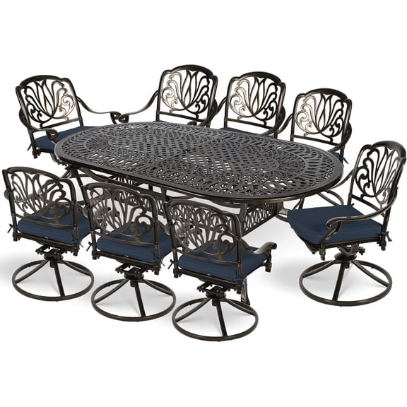 MEETWARM 9-Piece Outdoor Patio Dining Set, All-Weather Cast Aluminum Patio Conversation Set for Backyard Garden Deck with 8 Cushioned Swivel Rocker Chairs, 1 Oval Table, 2.2" Umbrella Hole, Navy Blue