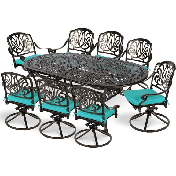 MEETWARM 9-Piece Outdoor Patio Dining Set, All-Weather Cast Aluminum Patio Conversation Set for Backyard Garden Deck with 8 Cushioned Swivel Rocker Chairs, 1 Oval Table, 2.2" Umbrella Hole, Ocean Blue