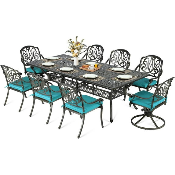 MEETWARM 9-Piece Outdoor Patio Dining Set, All Weather Cast Aluminum Patio Funiture Table and Chairs Set- 94.5” Rectangular Table and 2 Swivel Rocker Chairs, 6 Stationary, Umbrella Hole, Ocean Blue