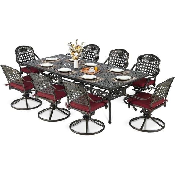 MEETWARM 9-Piece Outdoor Patio Dining Set, All Weather Cast Aluminum Patio Funiture Table and Chairs Set- 94.5” Rectangular Table and 8 Cushioned Swivel Rocker Chairs, Umbrella Hole, Chili Red