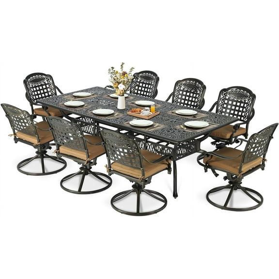 MEETWARM 9-Piece Outdoor Patio Dining Set, All Weather Cast Aluminum Patio Funiture Table and Chairs Set- 94.5” Rectangular Table and 8 Cushioned Swivel Rocker Chairs for Garden, Umbrella Hole, Khaki