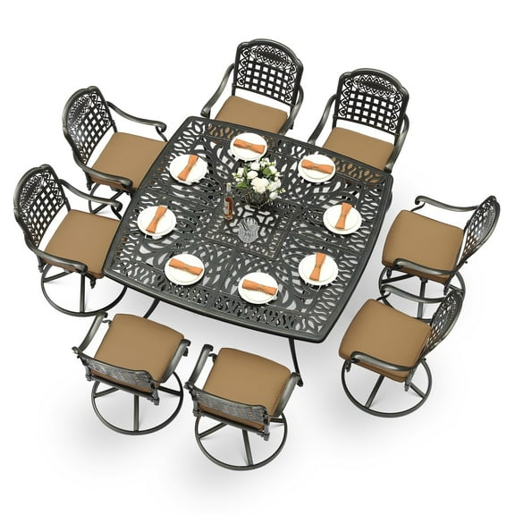MEETWARM 9-Piece Outdoor Patio Dining Set, All Weather Cast Aluminum Patio Funiture Table and Chairs Set- Large 64" Square Table and 8 Cushioned Swivel Rocker Chairs for Garden, Umbrella Hole, Khaki