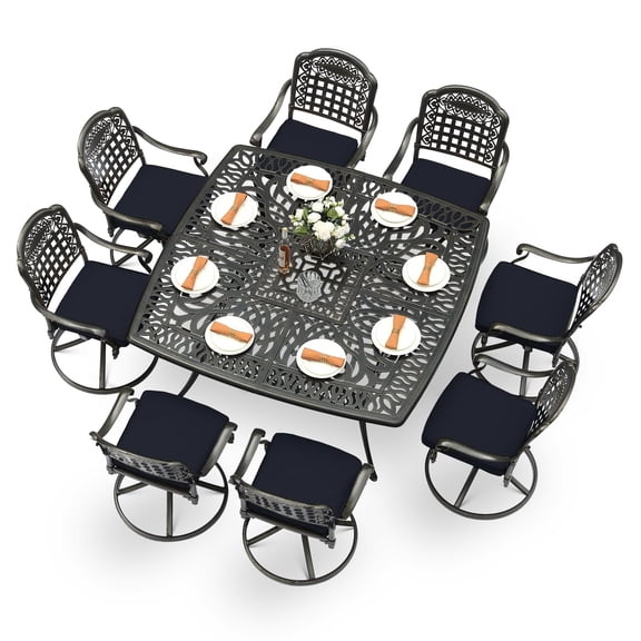 MEETWARM 9-Piece Outdoor Patio Dining Set, All Weather Cast Aluminum Patio Funiture Table and Chairs Set- Large 64" Square Table and 8 Cushioned Swivel Rocker Chairs, Umbrella Hole, Navy Blue