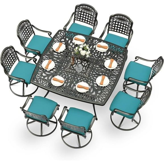 MEETWARM 9-Piece Outdoor Patio Dining Set, All Weather Cast Aluminum Patio Funiture Table and Chairs Set- Large 64" Square Table, 8 Cushioned Swivel Rocker Chairs for Garden, Umbrella Hole, Ocean Blue