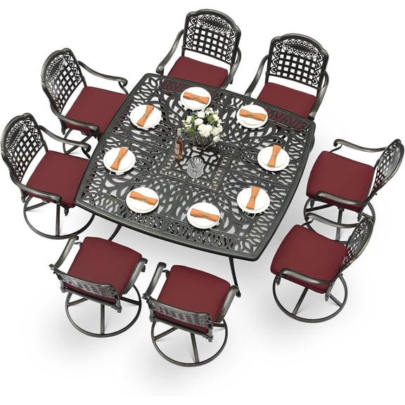 MEETWARM 9-Piece Outdoor Patio Dining Set, All Weather Cast Aluminum Patio Funiture Table and Chairs Set- Large 64" Square Table and 8 Cushioned Swivel Rocker Chairs for Garden, Umbrella Hole, Red