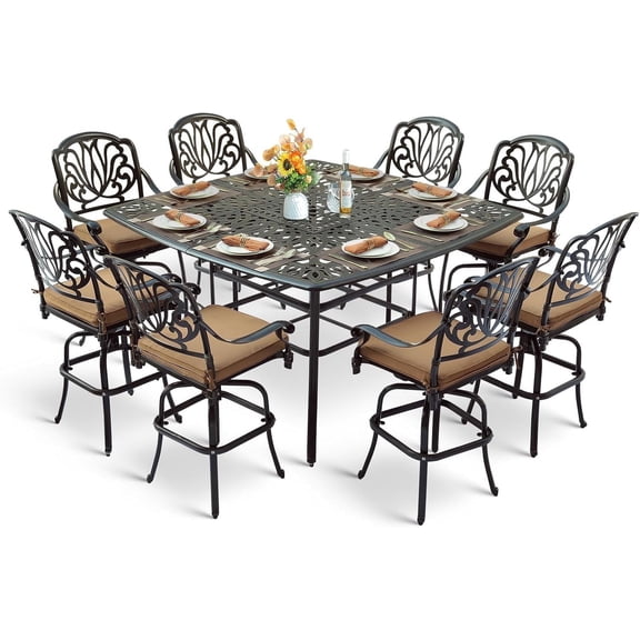 MEETWARM 9-Piece Outdoor Patio Swivel Bar Set, All Weather Cast Aluminum High Top Patio Bar Furniture with 8 Cushioned Swivel Bar Stools, Large 64" Square Patio Bar Height Table, 2.2" Umbrella Hole