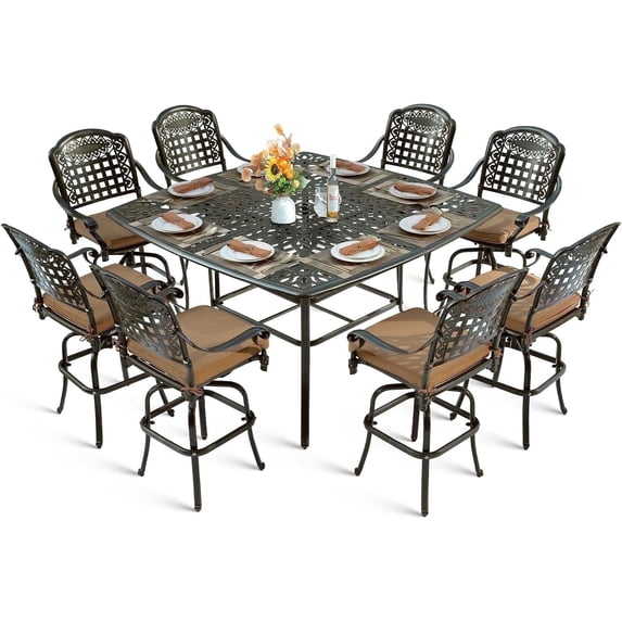 MEETWARM 9-Piece Outdoor Patio Swivel Bar Set, All Weather Cast Aluminum Patio Bar Table and Chairs Set with 8 Cushioned Swivel Bar Stools, Large 64" Square Patio Bar Height Table, 2.2" Umbrella Hole